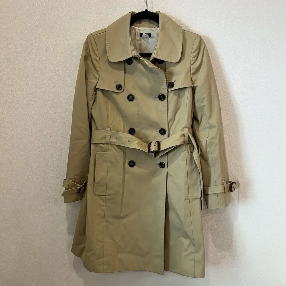 J Crew Trench Coat Womens 6 Tan Double Breasted Belted Lined Classic Style